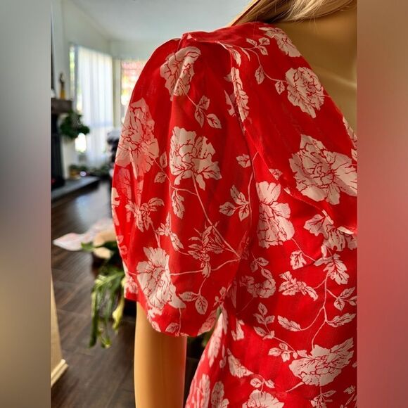 Lulu’s Ximena Coral Red Floral Print Ruffled Short Sleeve Mini Dress sz M EUC - Picture 10 of 16